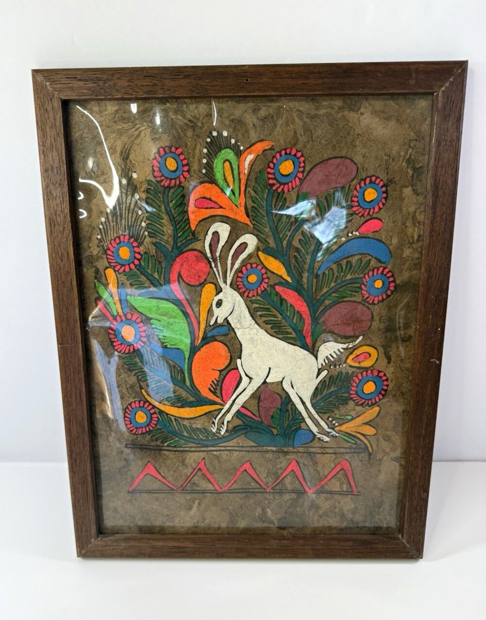 Vintage Mexican Folk Art Amate Bark Painting Framed Deer Floral 13x10